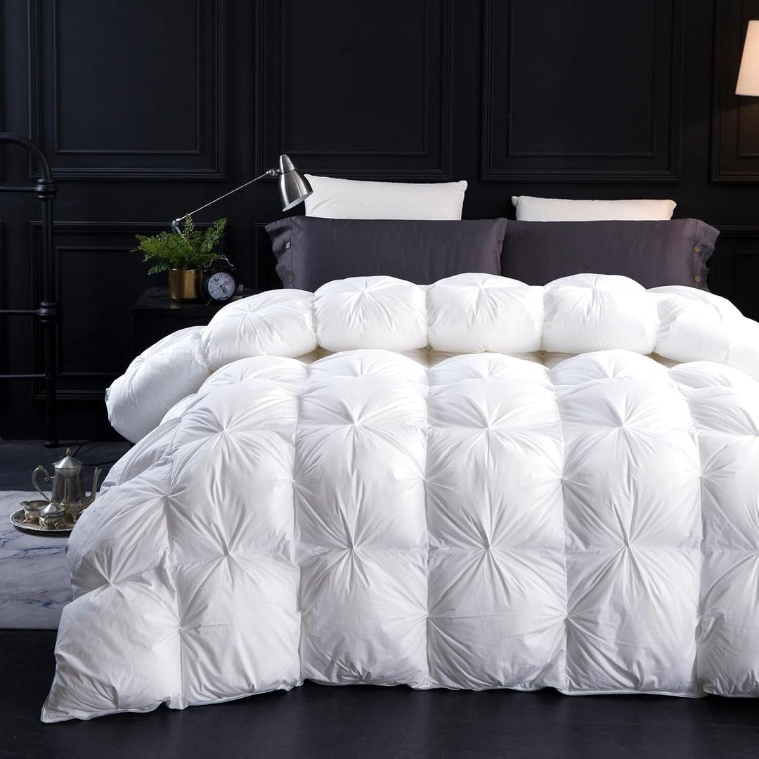 Three Geese Oversized King Size Pinch Pleat Duck Feather Down Fiber Comforter - All-Season Down Duvet Insert Fluffy Baffle Box Design with 8 Corner Loops for Warmth and Softness.