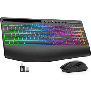 Wireless Keyboard and Mouse Combo - 4000mAh Rechargeable Backlit Keyboard with Wrist Rest & Phone Holder, Full Size Quiet Typing 2.4G USB-A/Type-C for PC, Laptop, Windows, Mac, Trueque KM22 Ultra