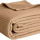 100% Cotton Blankets Queen Size for Bed - Waffle Weave Blankets for Summer, Lightweight and Breathable Soft Woven Blanket for Spring, White, 90x90 Inches (Beige, Queen (90" x 90"))