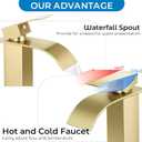 Brushed Gold Bathroom Faucets, Waterfall Bathroom Sink Faucet Modern Single Handle Bathroom Faucte 1 or 3 Hole, RV Mixer Tap Vanity Faucet - Includes Pop-up Drain Supply Hoses Deck Plate