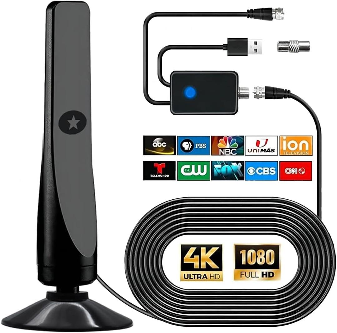 TV Antenna, Amplified HD Digital TV Antenna,Miles Coverage Range Supports 4K 8K 1080p for Smart HDTV and Older TVswith High Performance Coax Cable