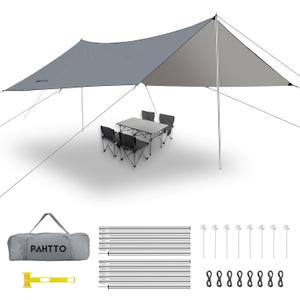 Camping Tarp with Poles, 16x12 Ft Camping Canopy, Waterproof Tent Tarp, Rain Shelter for Camping, Picnic,Beach, Outdoor Activities, Extra Large, Lightweight and UV Resistant, Extra Large, Grey
