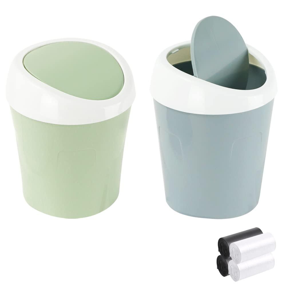 2 Pcs Plastic Mini Wastebasket Trash Can with 120 Trash Bags, Tiny Desktop Waste Garbage Bin with Swing Lid for Home, Office, Kitchen, Vanity Tabletop, Bedroom, Bathroom (Blue + Green)