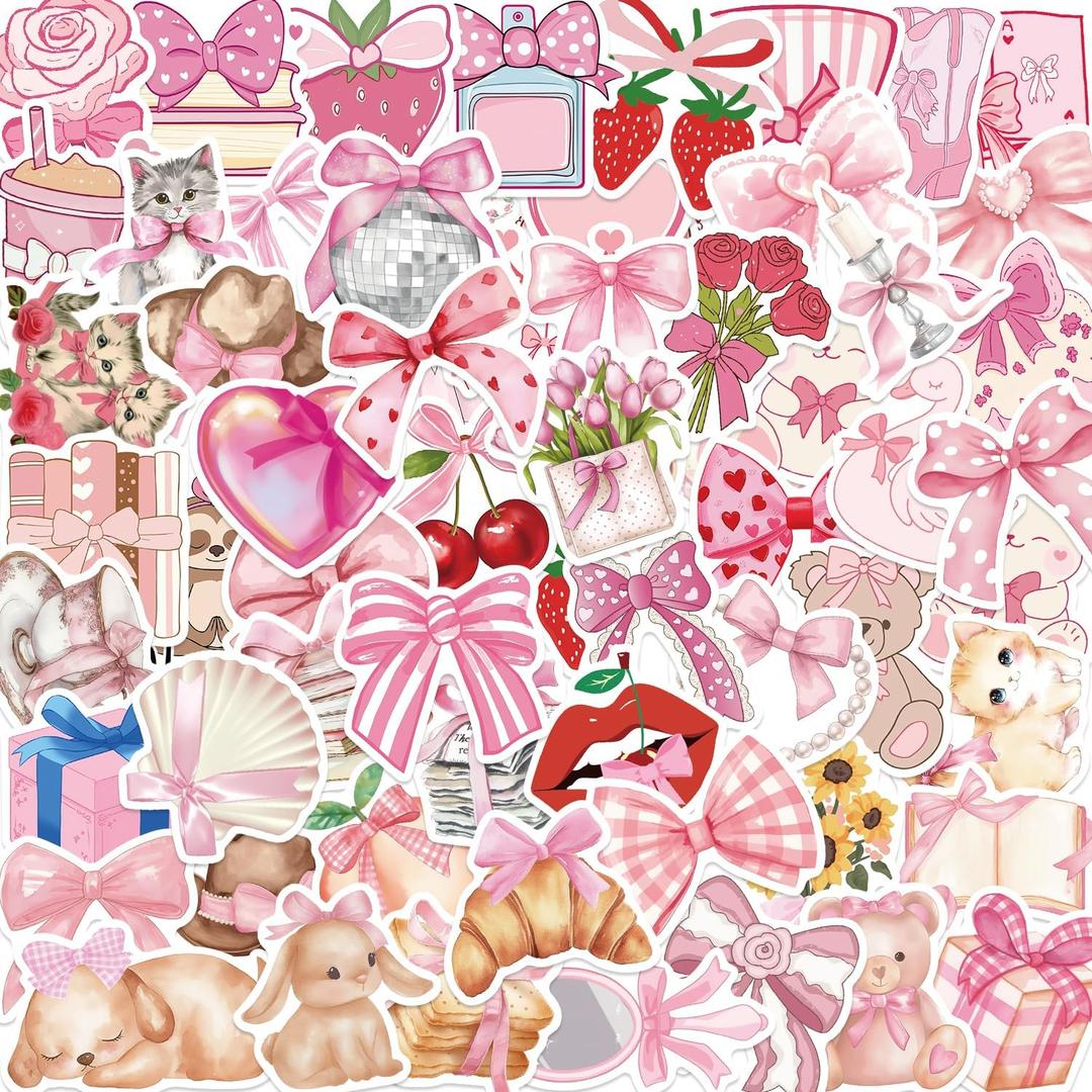 100PCS Coquette Stickers Pink Aesthetic Pack Cute Bow Tie Stickers for Girls Pink Sticker for Laptop Vinyl Waterproof Aesthetic Decals