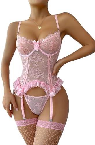 WDIRARA Women's Sexy Lingerie Set Floral Lace Garter Bustier Lingerie Set with 1Pair Fishnet Stocking Size L