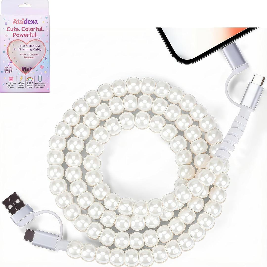 4-in-1 Beaded Charging Cable, Metal Design, Nicely Packed, 60W Fast Charging, MFi Certified, Cute Colorful Cable, Compatible with iPhone, iPad, AirPods, Galaxy, and More (Full Moon Pearl)