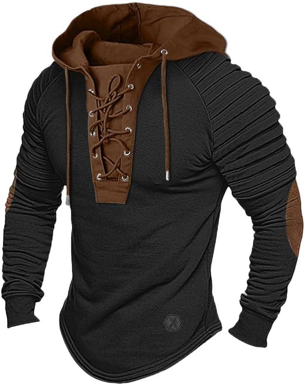 Men's Henley Shirt Hooded Long Sleeve Lace Up Vintage Solid Casual T-shirt Tactical Patchwork Western Tee Sports (X-Large, Black)