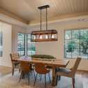 Rustic Farmhouse Wood Kitchen Island Lighting, 4 Lights Rectangular Pendant Light Fixture, Adjustable Rods Oak Wood and Metal Linear Chandelier for Kitchen Island Farmhouse Dining Room, Black
