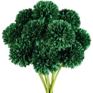 Jim's Cabin Artificial Flowers 10 Pcs Fake Silk Artificial Chrysanthemum Ball Hydrangea Bridal Wedding Bouquet for Kitchen Home Decor (Blackish Green)