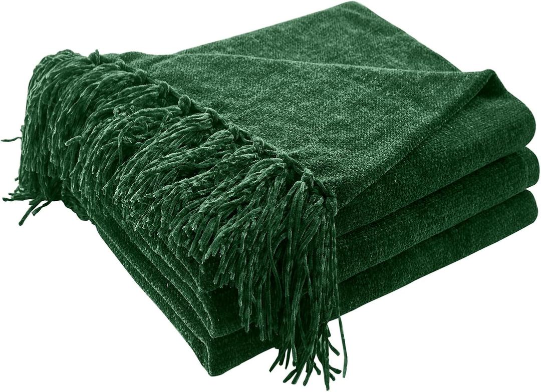 CozeCube Chenille Throw Blanket for Couch, Cozy Plush Fuzzy Decorative Christmas Green Blanket with Fringe Tassels, Lightweight Throws for Bed Sofa Gift Home Decor, 50"X60"