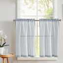 Vangao Stripe Farmhouse Kitchen Curtains 36 Inch Length Linen Cafe Curtains Ticking stripe Tier Drapes Pinstripe Semi-Sheer Small Window Treatments Rod Pocket, 2 Panels, Blue on Beige