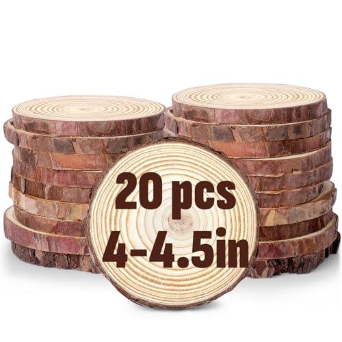 FUMILE Unfinished Natural Wood Slices 4-4.5 Inch, 20 PCS Round Wooden Discs with Tree Bark, Wood Rounds for Crafts Christmas Ornaments, Wood Circles for Rustic Wedding Decoration