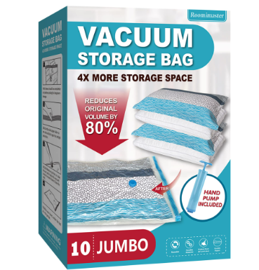 Vacuum Storage Bags, 10 Jumbo Space Saver Bags Vacuum Seal Bags with Pump, Space Bags, Vacuum Sealer Bags for Clothes, Comforters, Blankets, Bedding
