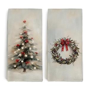 dvhdajed Vintage Christmas Tree Wreath Kitchen Towels and Dish Towel Set of 2, Winter Tree Wreath Xmas Decor Hand Towels, Red and Green Christmas Decor Dish Tea Hand Towel for Bathroom Kitchen,16x24