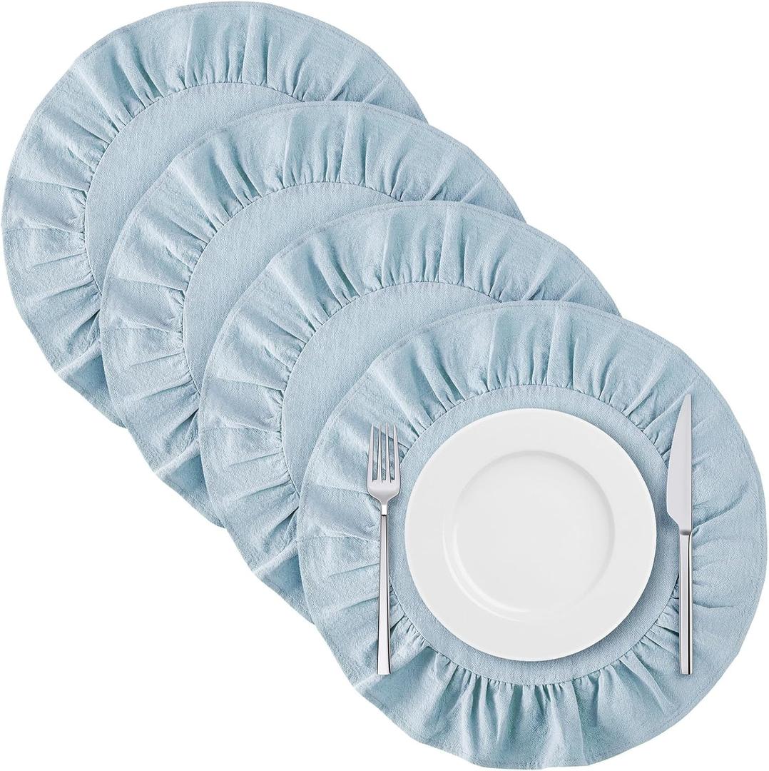 4 Pcs 15 Inch 100% Cotton Scalloped Round Placemats, Thin Light Blue Place Mats with Ruffle, Washable Placemats Table Mats for Kitchen Dining Holiday Gatherings Decor