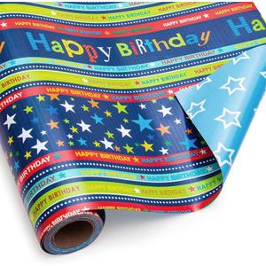 4 x Burymento Reversible Birthday Wrapping Paper for Boys Girls Kids Adults Baby Shower Holiday - Colorful Happy Birthday Lettering and Stars Design - Blue Gift Wrapping Paper Roll, 17 Inch X 32.8 Feet
