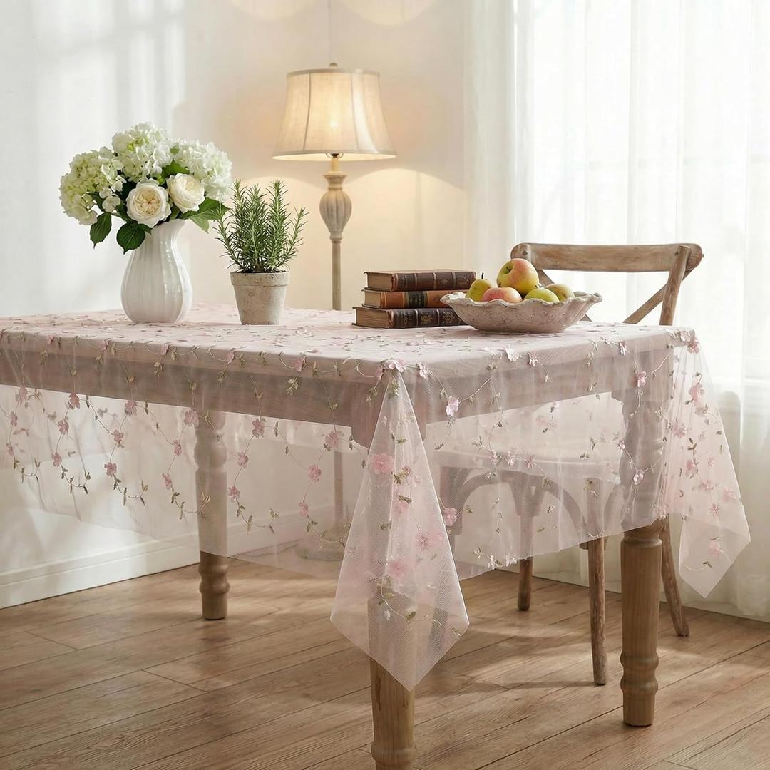 Horaldaily Light Pink Gauze Floral Tablecloth 60×120 Inch Rectangular, Light Pink Flower Spring Summer Tulle Table Cover, Garden Party Decor for Wedding, Party, Holiday Dining