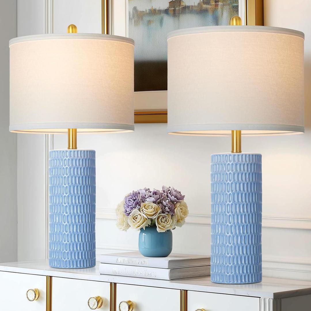 Cinyirong 27" Blue Ceramic Lamps Set of 2, Coastal Ceramic Table Lamps for Living Room with Rotary Switch, Classic Bedside Lamp for Nightstand, Tall Lamps for Bedroom Side End Table Home Decor