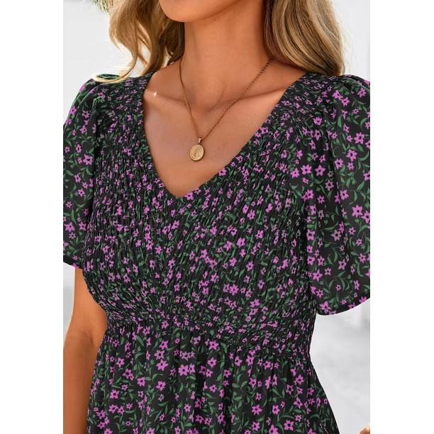 PRETTYGARDEN Boho Dresses for Women 2026 Summer Floral Short Sleeve V Neck Smocked Flowy Beach Vacation Maxi Dress, Large 