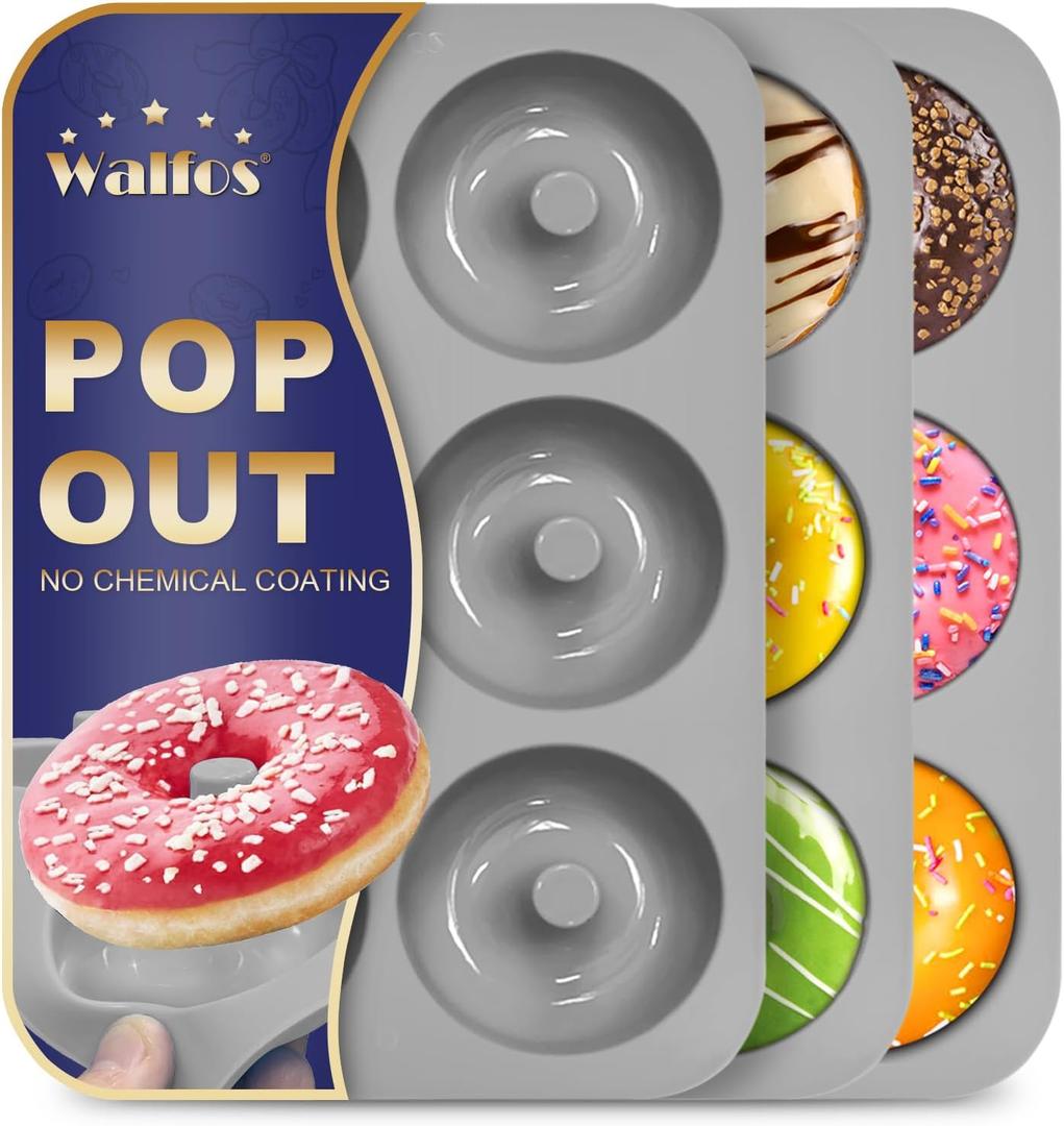 Walfos Donut Pan for Baking - Non-Stick Silicone Doughnut Pan Set, Silicone Donut Mold Heat Resistant, Make Perfect Donut Cake Biscuit Bagels, BPA FREE and Dishwasher Safe, Set of 3 (3 Inch Diameter, 3 Pcs Gray)