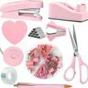 Pink Office Supplies, Pink Desk Accessories Set Stapler, Tape Dispenser, Scissors, Sticky Notes, Pen, Tape Measure, Office Clips,Staples Rmover, 1000pcs Staples, Gift for Women Students Teacher
