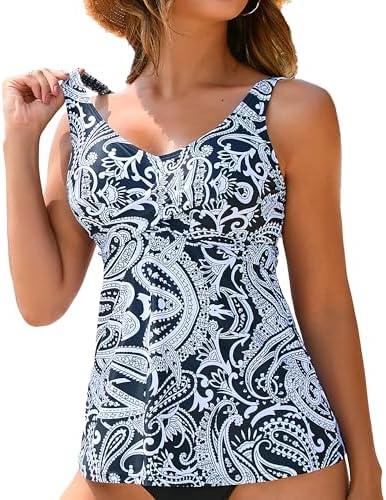 ANFILIA Womens Tankini Top Twist V Neck Bathing Suit Top Flowy Padded Swimsuit Top Swim Tank Top Only Size XL