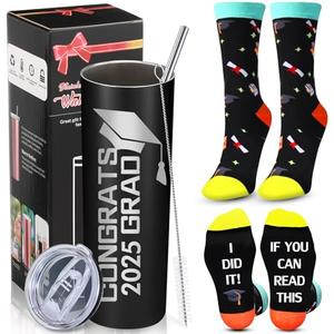 Gerrii 2025 Graduation Tumbler Gifts Set for Him Men Congrats Grad Basket Gifts Include 20 oz Stainless Steel Cup with Lid Straw Brush and Novelty Socks for College High School Student(Black)