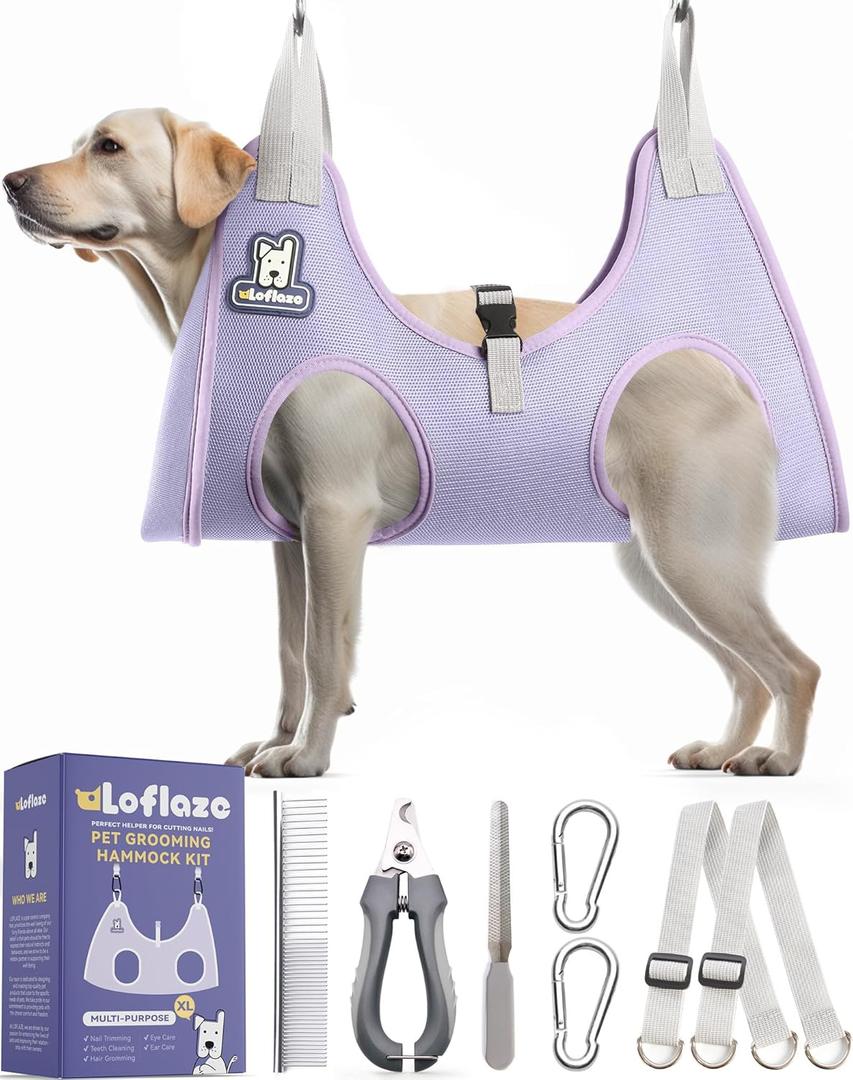 Dog Grooming Hammock Harness for Dogs & Cats with Pet Nail Clipper Trimmer - Cat Hanger Sling for Trimming Clipping Nails- Dog Hammock Restraint Bag for Small Medium Large pet  Purple XL (XL ( Legs Distance : 9.5-18.8" / Max W85lb ))