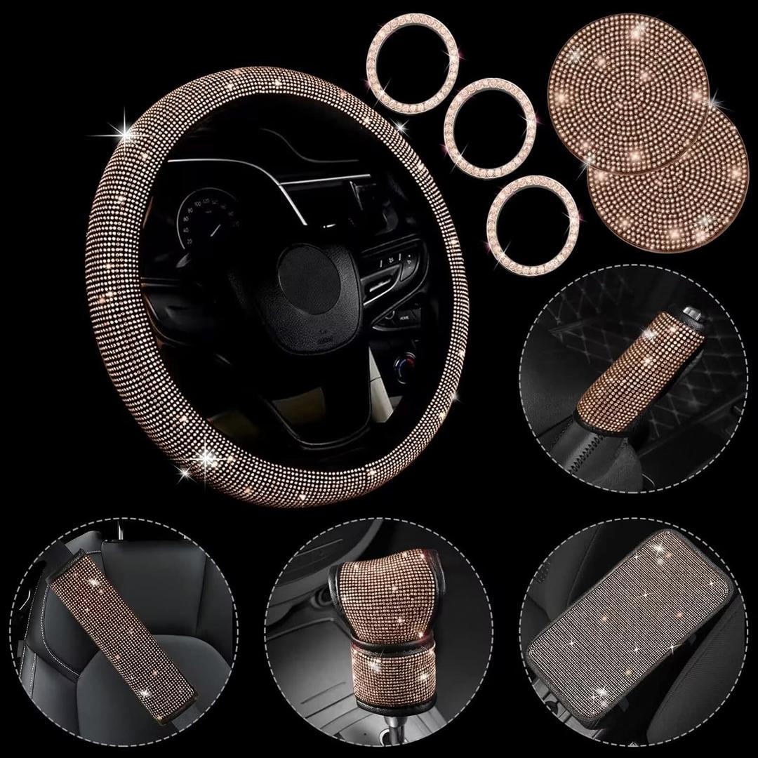 11 Pcs Bling Car Accessories Set,Bling Car Accessories Set for Women,Steering Wheel Cover for Women Universal Fit 15 Inch,Rhinestone Center Console Cover(Champagne)