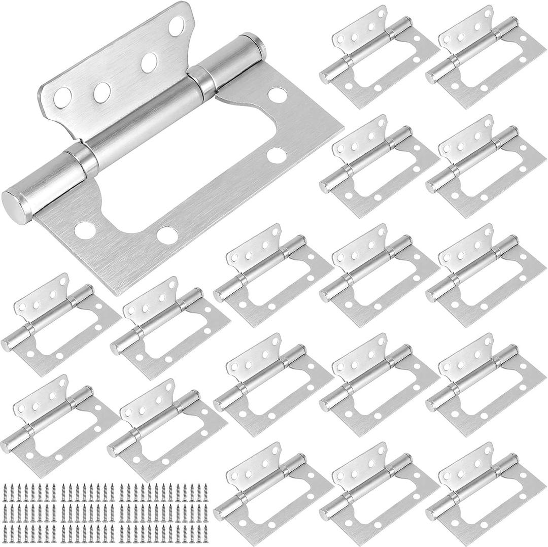 SINJEUN 18 PCS 4 x 3 Inch Non-Mortise Door Hinges, Stainless Steel Flush Heavy Duty Door Hinges with 144 Mounting Screws for Motorhome, Trailer, Camper, Brushed Surface, Silver