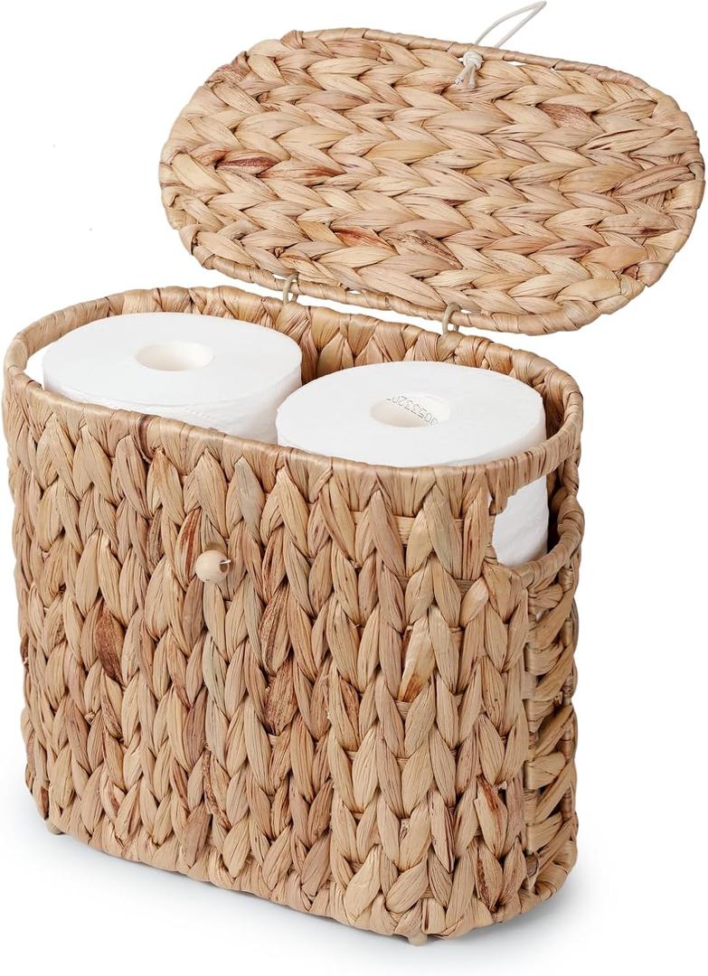 YANGQIHOME Toilet Paper Storage, Water Hyacinth Toilet Paper Storage with Lid, Papers Container for up to 4 Mega Rolls, Bathroom Basket Organizer