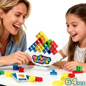 64 PCS Tetra Board Game for Kids and Adults, Balance Stacking Game for 2 Players+ Party, Family and Friends,Tower Stack Team Building Blocks Toy