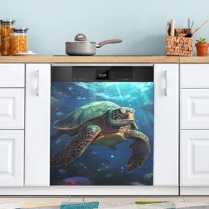 JIPONI Magnetic Dishwasher Cover, PVC+PET, Sea Turtle, Waterproof Kitchen Art Decor