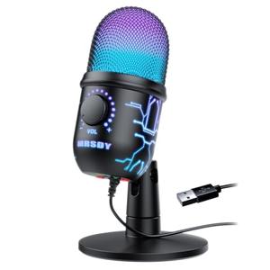 MRSDY Gaming Microphone, USB Computer Microphone for PC, Mac, PS4/5, Condenser Podcast Mic for Studio Recording, YouTube, Streaming, with Headphone Jack, Led Light, Mute, Gain, Noise Cancellation