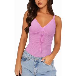 Arach&Cloz 2025 Women's Summer Boho Cami Tops V Neck Crochet Sleeveless Cute Tank Going Out Outfits Beach Vacation Clothes (Pink, L)