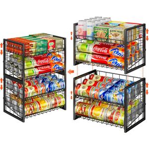 X-cosrack 2 Packs Stackable Can Rack Organizer for Pantry, 2-Tier Sturdy Adjustable Pantry Can Storage Organizer for Canned Food Can Goods, Kitchen Can Dispenser Holder for Soda Drinks Snack, Black