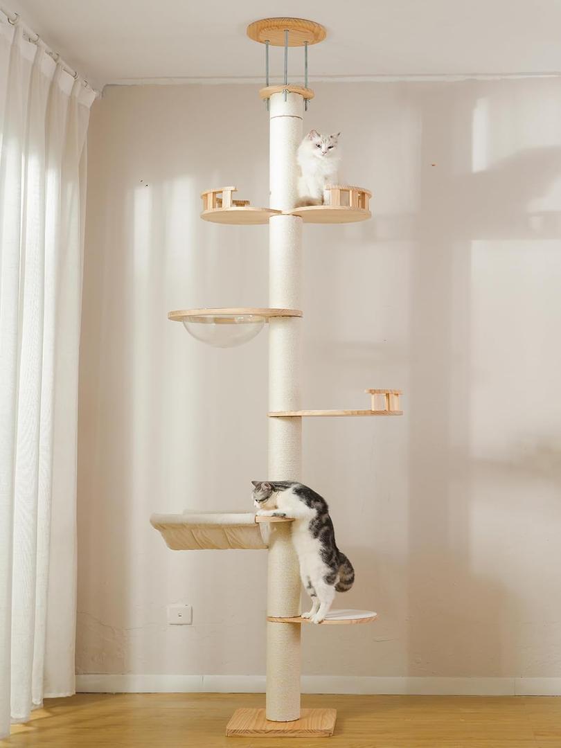 Floor to Ceiling Cat Tree, 5-Tier Adjustable Height(7.3-10.5ft) Cat Tower | Solid Wood Climbing Tower(88-123") with Observatory, Sisal Scratching Posts, Transparent Capsule and Cozy Hammock,5-tier cat tree