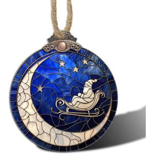 2 x Stained Glass Christmas Decorations, Santa Claus On The Moon Star Suncatcher for Window Christmas Tree Hanging Ornaments Blue Sun Catcher Xmas Decor Gifts for Women Men Mom Nana Friend (3.1x3.5 IN)