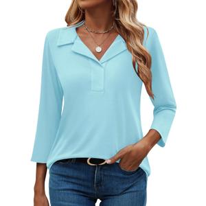 LUYAA Womens Polo Shirts 3/4 Length Sleeve Tops Collar V Neck Business Casual Blouses (Medium, Light Blue)