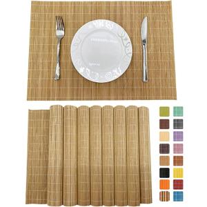 ANDSTAR Set of 8 Pcs Bamboo Placemats Sushi Rolling Mat Japanese Style Natural Anti-Slip, Washable Heat-Resistant Table Mats for Dining Room and KitchenBrown