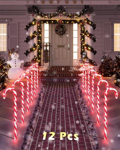 COOLWUFAN 12 Pack Christmas Candy Cane Pathway Markers, 22'' Candy Cane Christmas Decorations Pathway Lights Outdoor with 72 Warm Lights for Xmas Holiday Party Walkway Patio Garden Yard Lawn Decor