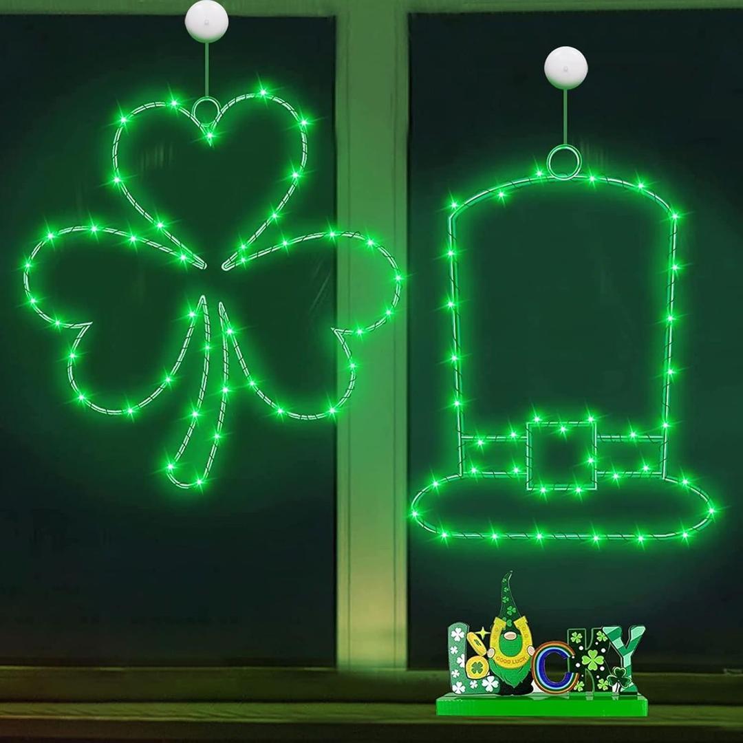 8 Modes & Remote- 2 Pack St. Patrick's Day Window Lights with Timer St Patricks Day Decor 12" 40 LED Shamrocks 36 LED Leprechaun Hat USB Powered Irish Green Silhouette Lights for Window Home Indoor