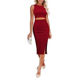 Pink Queen Women's Dresses Crew Neck Sleeveless Cutout Side Slit Bodycon Midi Party Dress, M