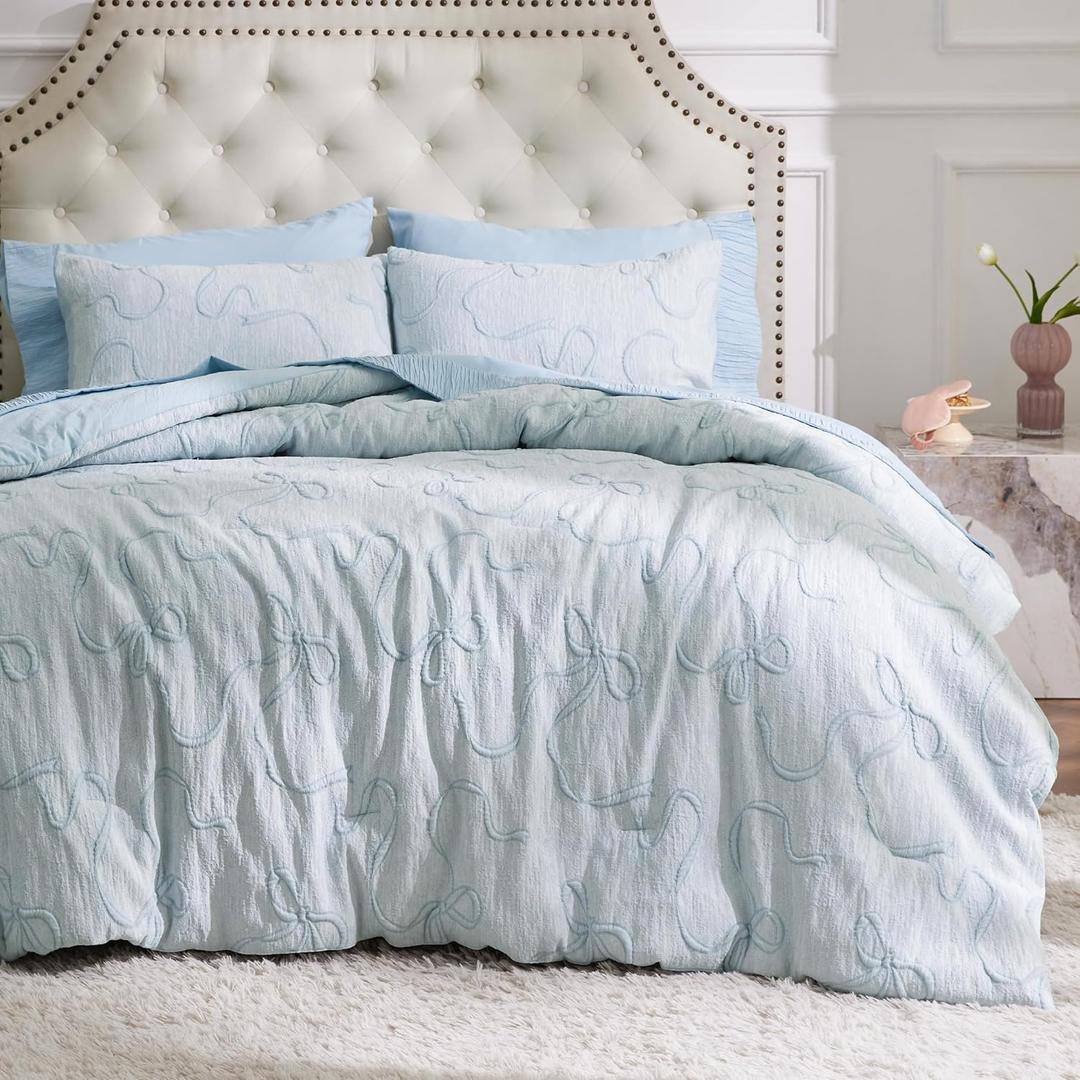 Bedsure Dasty Blue Full Size Comforter Sets for Girls, GentleSoft 3 Pieces Bow Comforter with 2 Pillow Shams, Cute Girls Full Size Bedding Sets Room Decor Aesthetic Bedroom Decor, 82x86 Inches