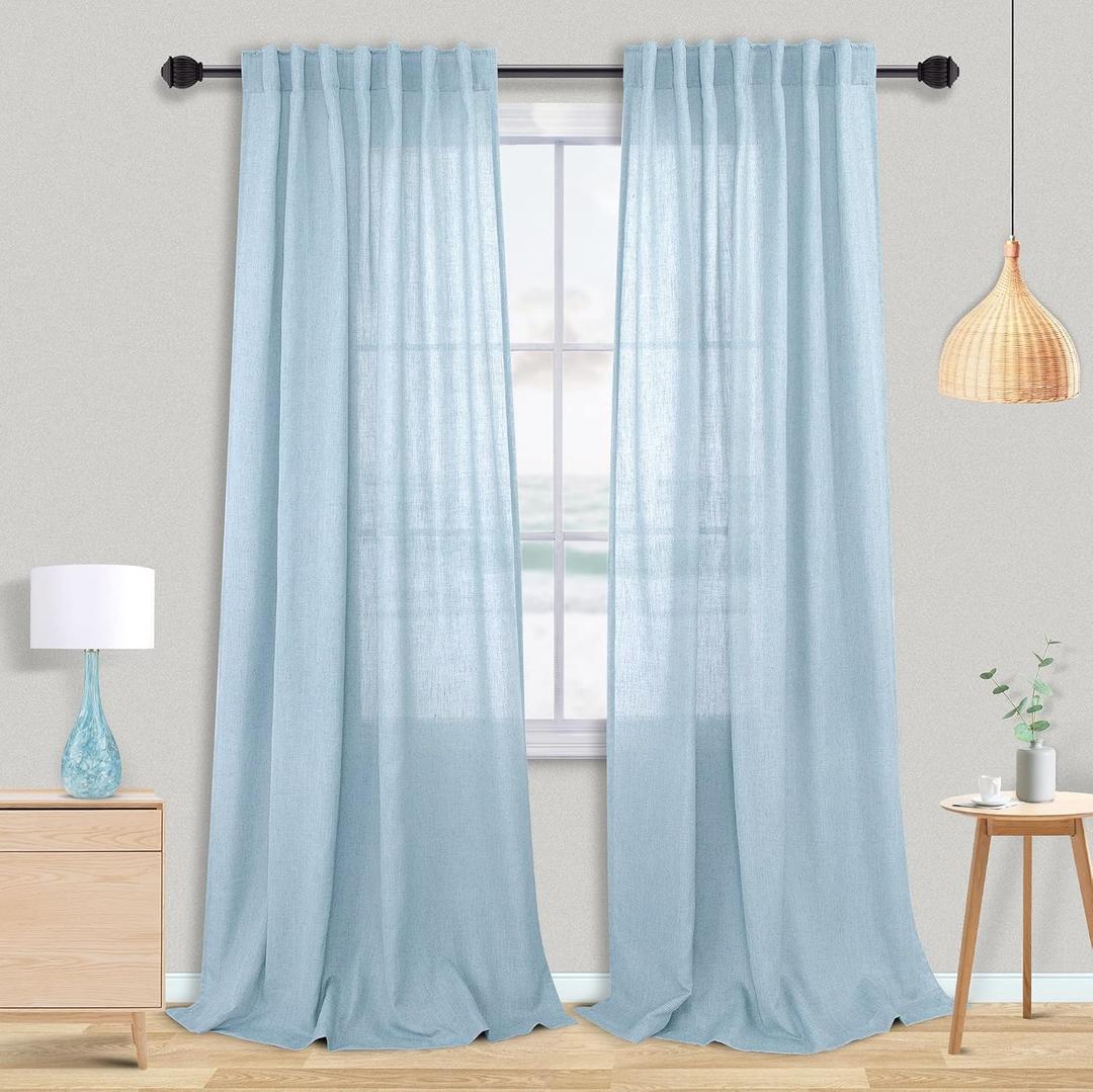 Mrs.Naturall Light Blue Curtains for Bedroom,Back Tab Baby Sky Blue Semi Sheer Flax Linen Curtain Drapes 84 Inches Long for Nursery Living Room 2 Panels Set Summer Decor