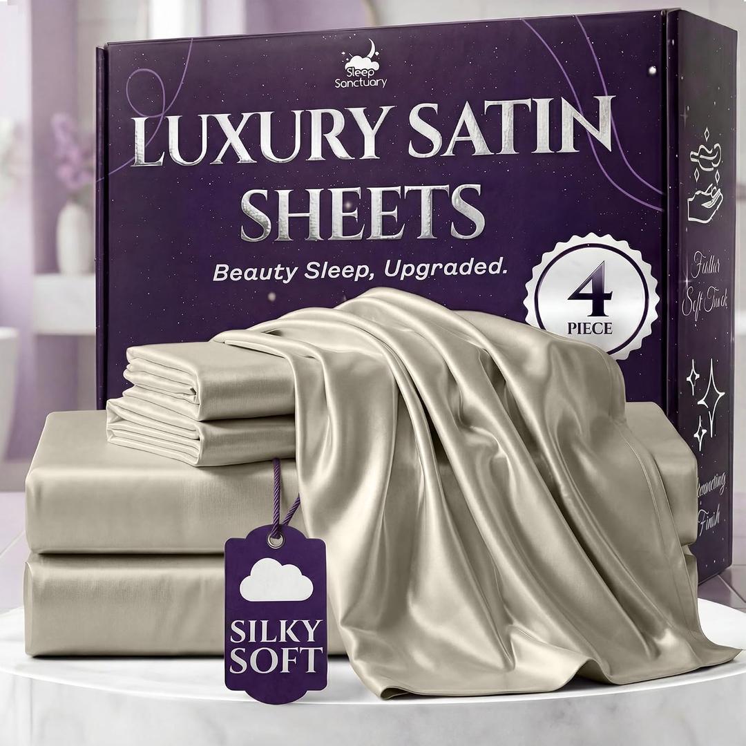 SLEEP SANCTUARY Satin Sheets King Size 4 Piece Luxury Silky Bed Set, Softer Than Silk, 15" Deep Pocket, Cooling & Wrinkle-Free, Moisture-Wicking & Breathable for Hair & Skin (Taupe)