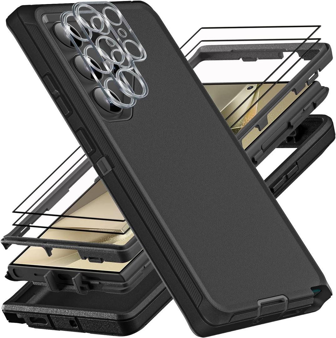 YKHJKLEC for Samsung Galaxy S24 Ultra Case, Military Grade 3 in 1 Heavy Duty Shockproof/Drop Proof/Dust Proof Case with 2Pcs Tempered Glass Screen Protector & Camera Lens Protector (Black/Black)