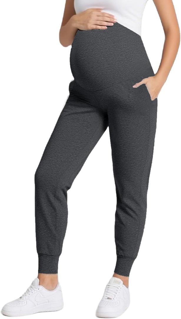 Peauty Women's Maternity Pants with Pockets,Over The Belly Stretchy Maternity Activewear Jogger Track Cuff Pregnancy Pants (L)