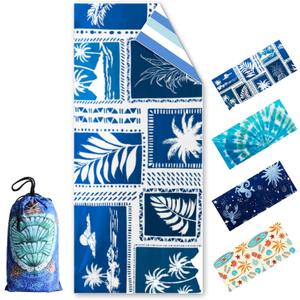 Beach Towels Oversized, 250GSM 35" x 78" Double Sided Sand Free Microfiber Beach Towel with Drawstring Bag, Absorbent Quick Dry Lightweight Vacation Essentials Gift for Pool, Camping & Yoga (Blue Plant)