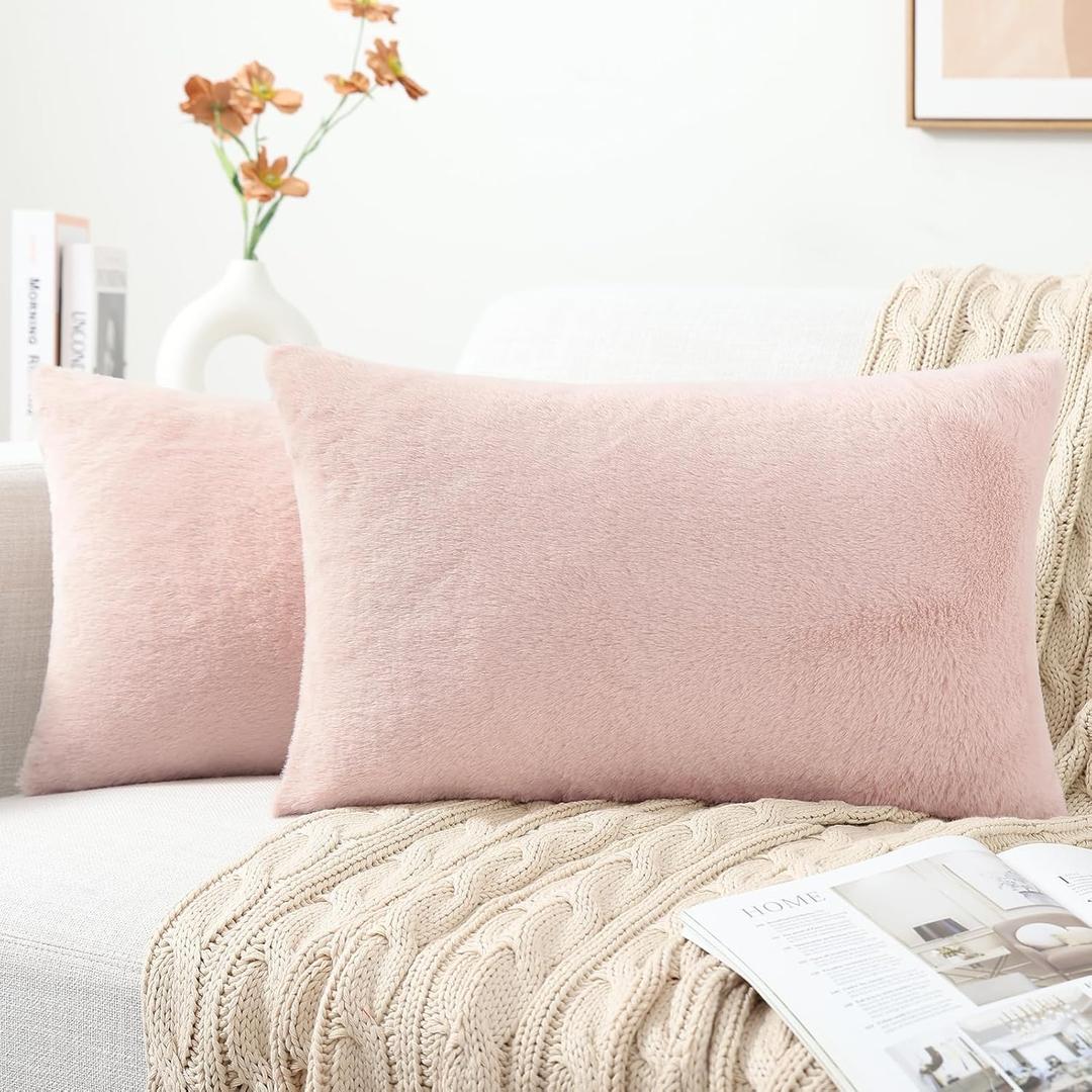 Pallene Faux Fur Plush Lumbar Throw Pillow Covers 12x20 Set of 2, Luxury Soft Fluffy Cozy Decorative Pillow Covers for Sofa, Couch, Living Room, Blush Pink